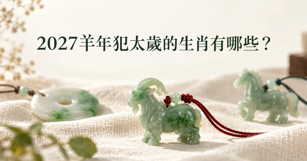 米白亞麻布上,一隻穿紅繩的綠色翡翠羊掛件,旁邊是一個平安扣和一隻小馬掛件,配標題「2027羊年犯太歲的生肖有哪些?」