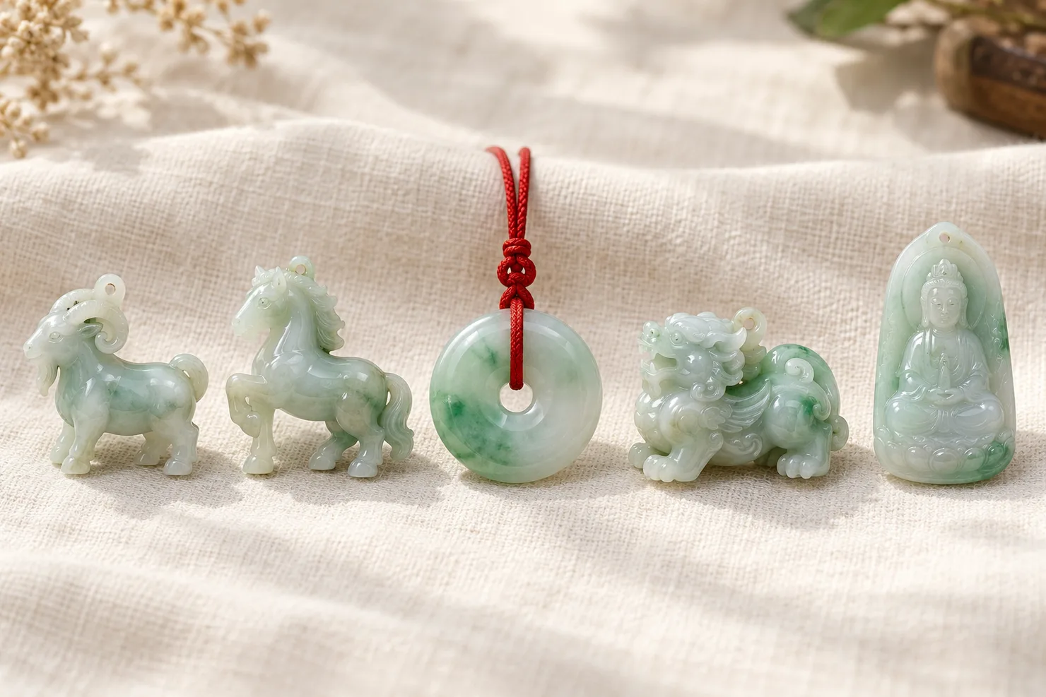 Five small jadeite pendants in a row on ivory linen: a carved goat, a carved horse, a round safety buckle on a red cord, a pixiu and a small Guanyin plaque