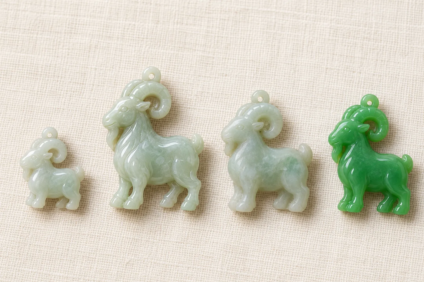 Four jadeite goat pendants in a row on ivory linen: a small smooth goat with rounded horns, a larger hand-carved goat with crisp horns and polished hollows, a machine-carved goat with soft blurred detail, and a vivid evenly green goat