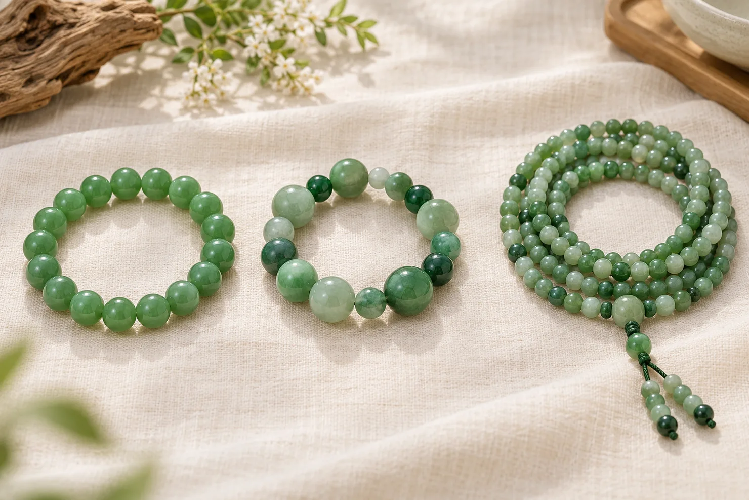 Three jadeite bead strands on ivory linen: an evenly matched green bracelet with beads of one size, an unevenly matched bracelet with mixed shades and sizes, and a coiled 108-bead mala