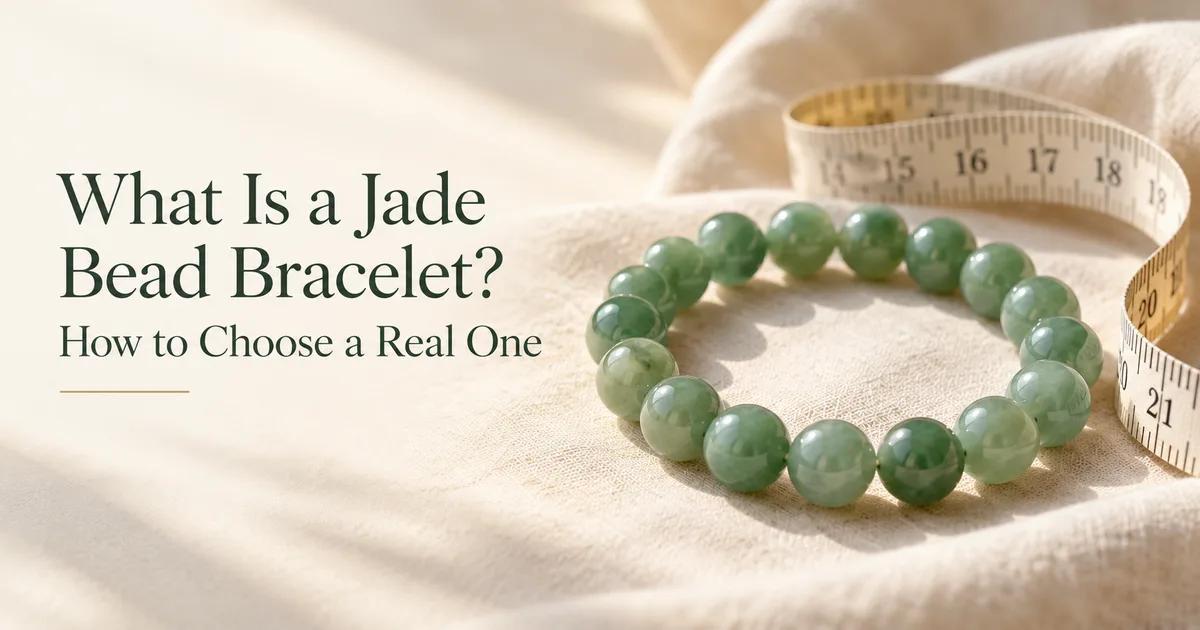 A green jadeite bead bracelet with evenly matched beads on ivory linen beside a soft measuring tape, with the title What Is a Jade Bead Bracelet?