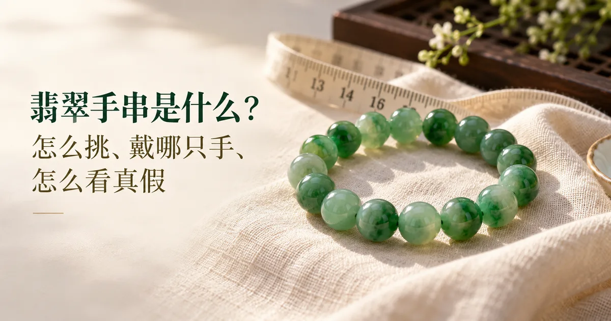米白色亚麻布上一条颜色均匀的绿色翡翠手串,旁边放着软尺,配标题「翡翠手串是什么?」