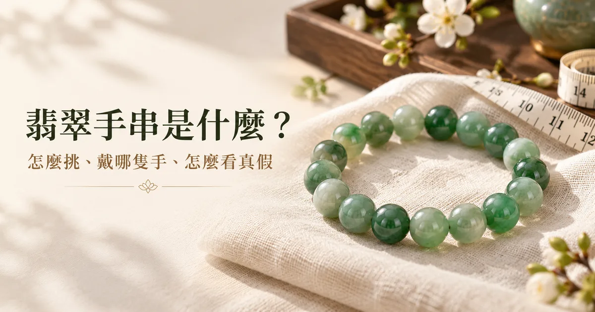 米白色亞麻布上一條顏色均勻的綠色翡翠手串,旁邊放著軟尺,配標題「翡翠手串是什麼?」
