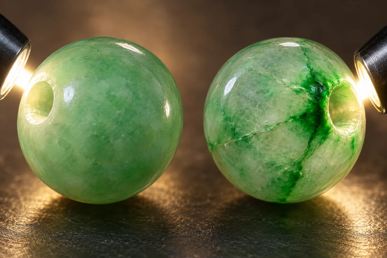 Macro close-up of two green jadeite beads lit by a flashlight: on the left, even natural color around the drill hole; on the right, dye concentrated around the drill hole and in fine cracks
