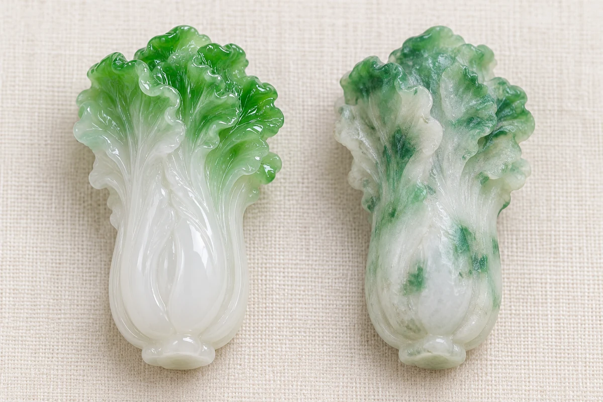 Two jadeite cabbage pendants side by side on ivory linen in close-up, left to right: a cabbage with a white stalk, green only at the leaf tips, deep layered leaf folds and a glassy polish inside the folds, and a cabbage with green blotched across the stalk, shallow blurred leaves and dull, rough folds