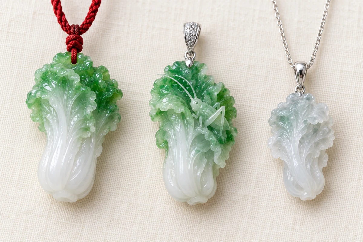 Three jadeite cabbage pendants in a row on ivory linen, left to right: a plain cabbage with a white stalk and green leaf tips on a red braided cord, a cabbage with a small katydid carved on its leaves on a white gold bail, and a small icy, nearly colorless cabbage with a silver bail on a fine chain