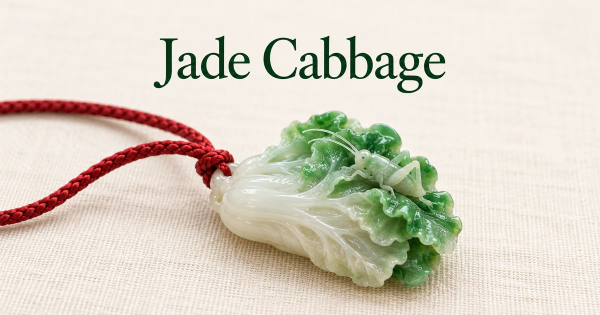 A jadeite cabbage pendant with a white stalk and green leaf tips, a small katydid carved on its leaves, hung on a red braided cord, lying on ivory linen in soft daylight