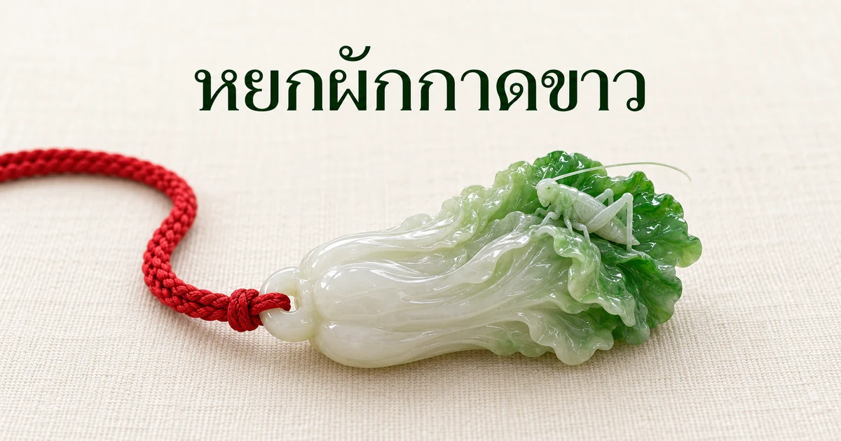 จี้หยกพม่ารูปผักกาดขาว ก้านขาว ปลายใบเขียว มีตั๊กแตนหนวดยาวตัวเล็กแกะบนใบ ร้อยเชือกถักสีแดง วางบนผ้าลินินสีงาช้าง ในแสงธรรมชาติอ่อนๆ