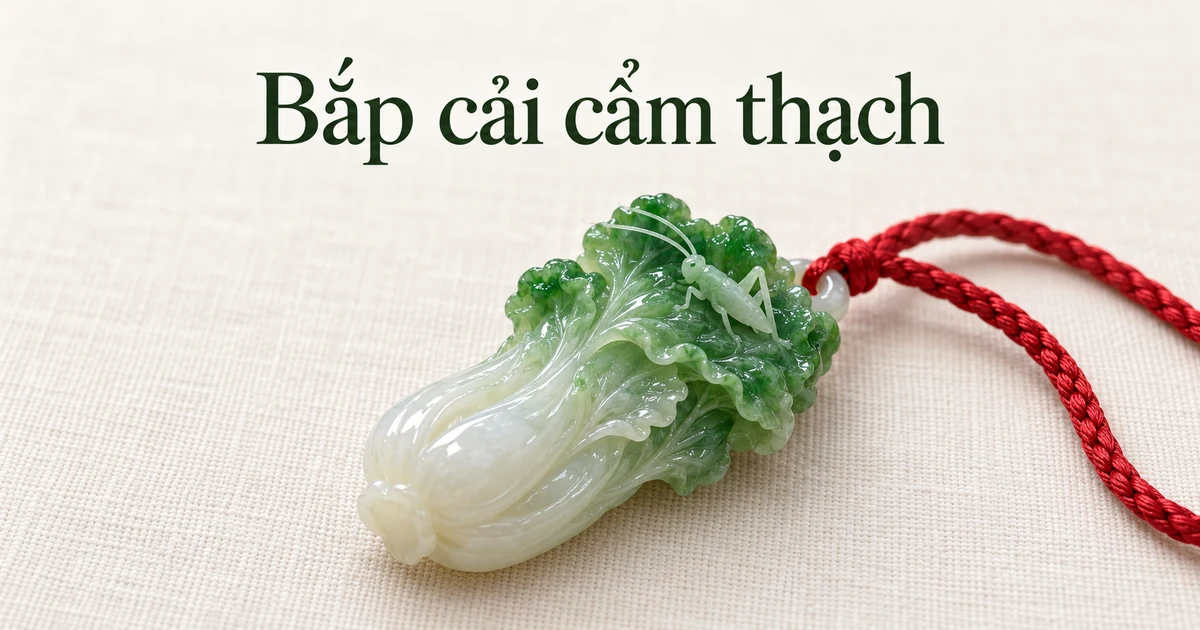 Một mặt dây cẩm thạch (phỉ thúy) hình cải thảo với bẹ trắng và đầu lá xanh, có con muỗm nhỏ chạm trên lá, xỏ dây tết đỏ, nằm trên nền vải lanh màu ngà, dưới ánh sáng ban ngày dịu