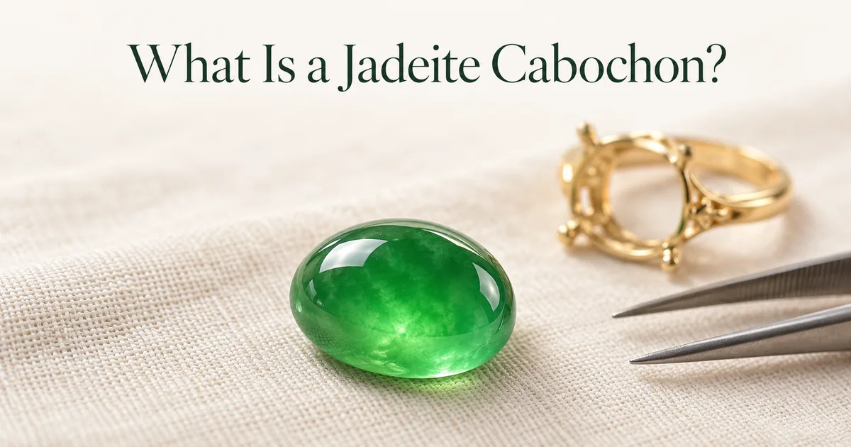 A full, glowing green jadeite cabochon resting on ivory linen beside a gold ring mount and a pair of tweezers, with the title What Is a Jadeite Cabochon?