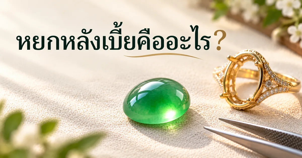 หยกพม่าหลังเบี้ยสีเขียวเม็ดอวบใสวางบนผ้าลินินสีงาช้าง ข้างตัวเรือนแหวนทองและแหนบ พร้อมหัวข้อ หยกหลังเบี้ยคืออะไร?