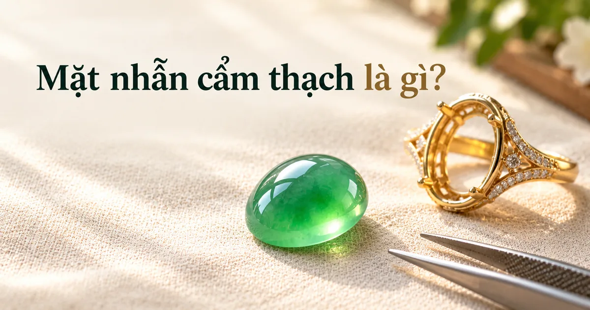 Một mặt nhẫn cẩm thạch xanh căng đầy, trong sáng đặt trên vải lanh màu ngà cạnh ổ nhẫn vàng và cây nhíp, kèm tiêu đề Mặt nhẫn cẩm thạch là gì?