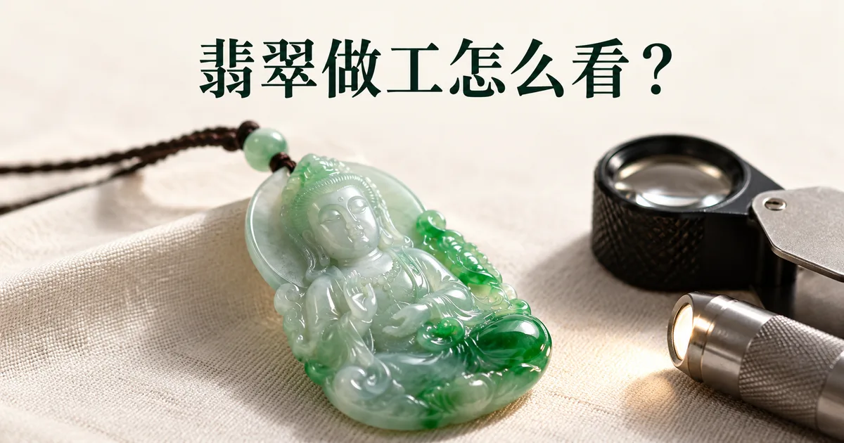 米白色亚麻布上一件白底带绿的翡翠观音挂件,侧光照出层层浮雕,旁边放着放大镜和小手电,配标题「翡翠做工怎么看?」