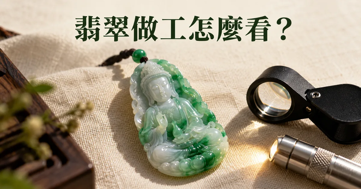 米白色亞麻布上一件白底帶綠的翡翠觀音掛件,側光照出層層浮雕,旁邊放著放大鏡和小手電,配標題「翡翠做工怎麼看?」
