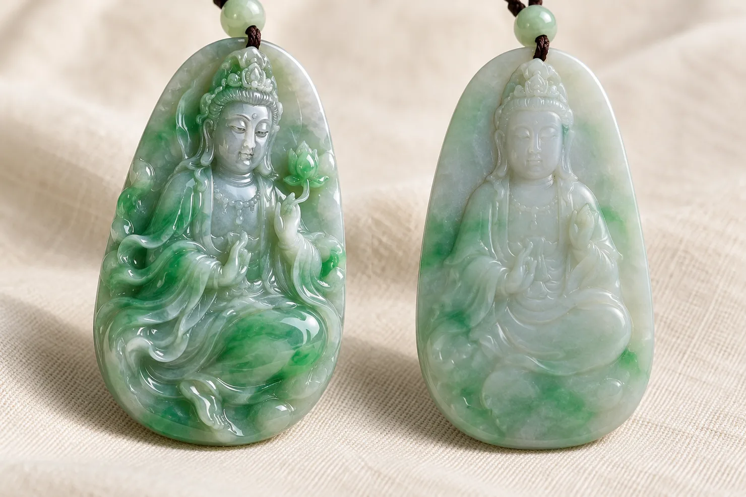 Hai mặt Quan Âm phỉ thúy trắng xanh đặt cạnh nhau trên vải lanh màu ngà dưới ánh sáng xiên: bên trái chạm tay với các lớp khắc sâu, khuôn mặt có hồn và chỗ lõm bóng; bên phải chạm máy với nét khắc nông đều, cạnh tròn mềm và chỗ lõm xỉn