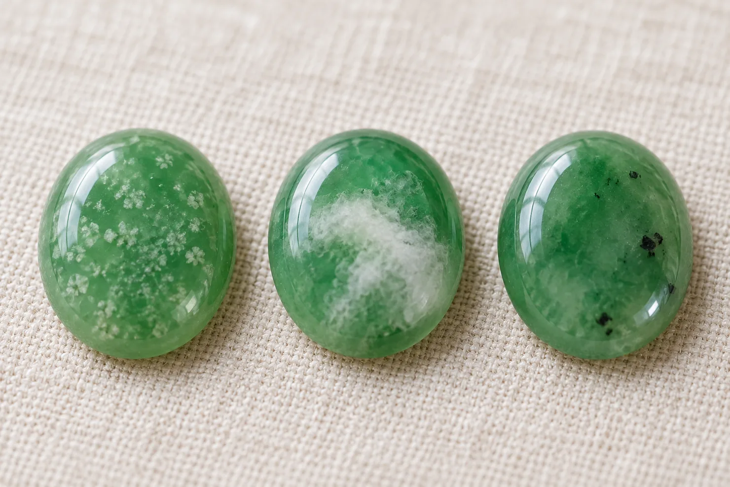 Three green jadeite cabochons on ivory linen: one with fine snowy white flecks, one with a dense white cloud of cotton, one with a few small black spots