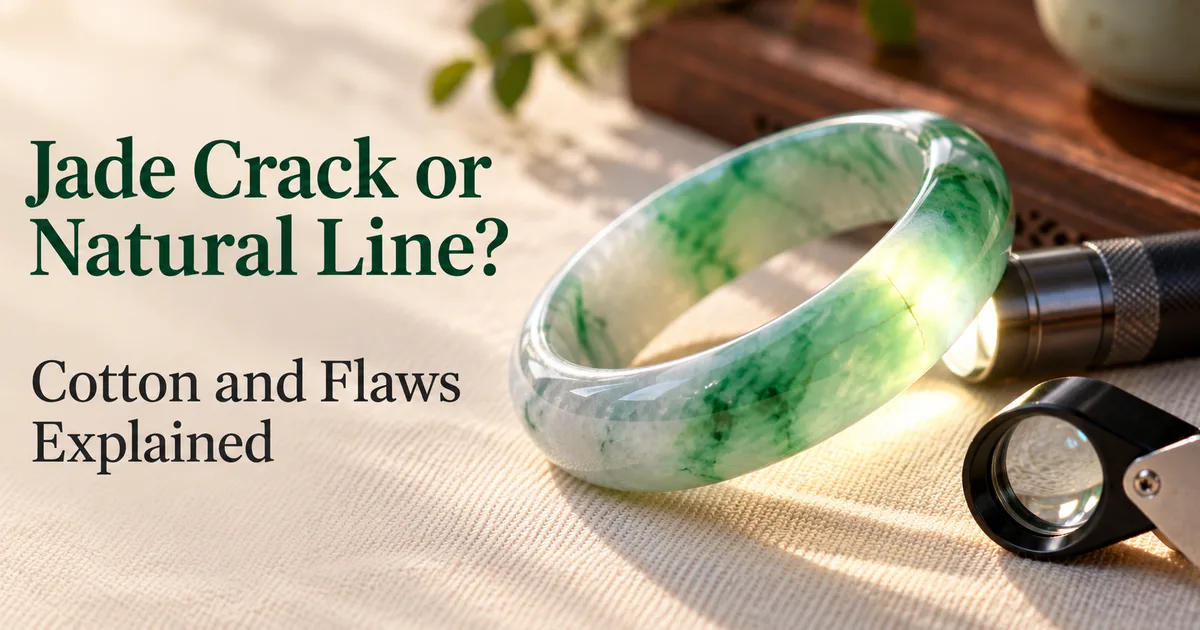 A green and white jadeite bangle lit from inside by a small flashlight on ivory linen, a fine line in the band glowing, beside a loupe, with the title Jade Crack or Natural Line?