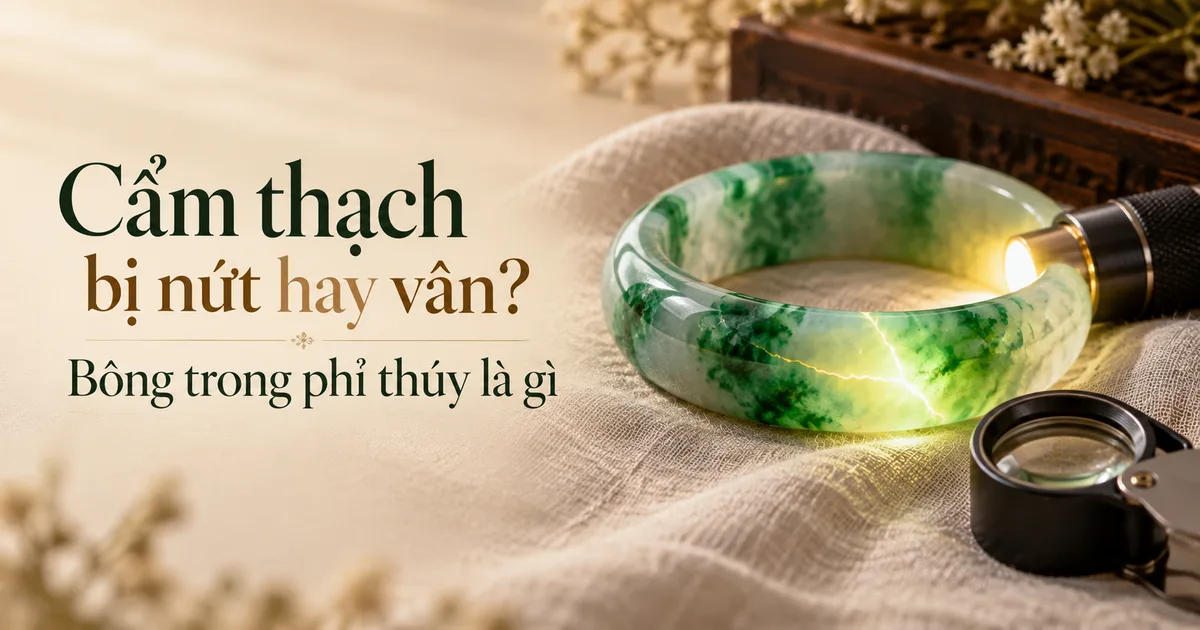 Vòng cẩm thạch trắng xanh trên vải lanh màu ngà được soi từ phía trong bằng đèn pin nhỏ, một đường mảnh trong bản vòng sáng lên, bên cạnh là kính lúp, kèm tiêu đề Cẩm thạch bị nứt hay vân?