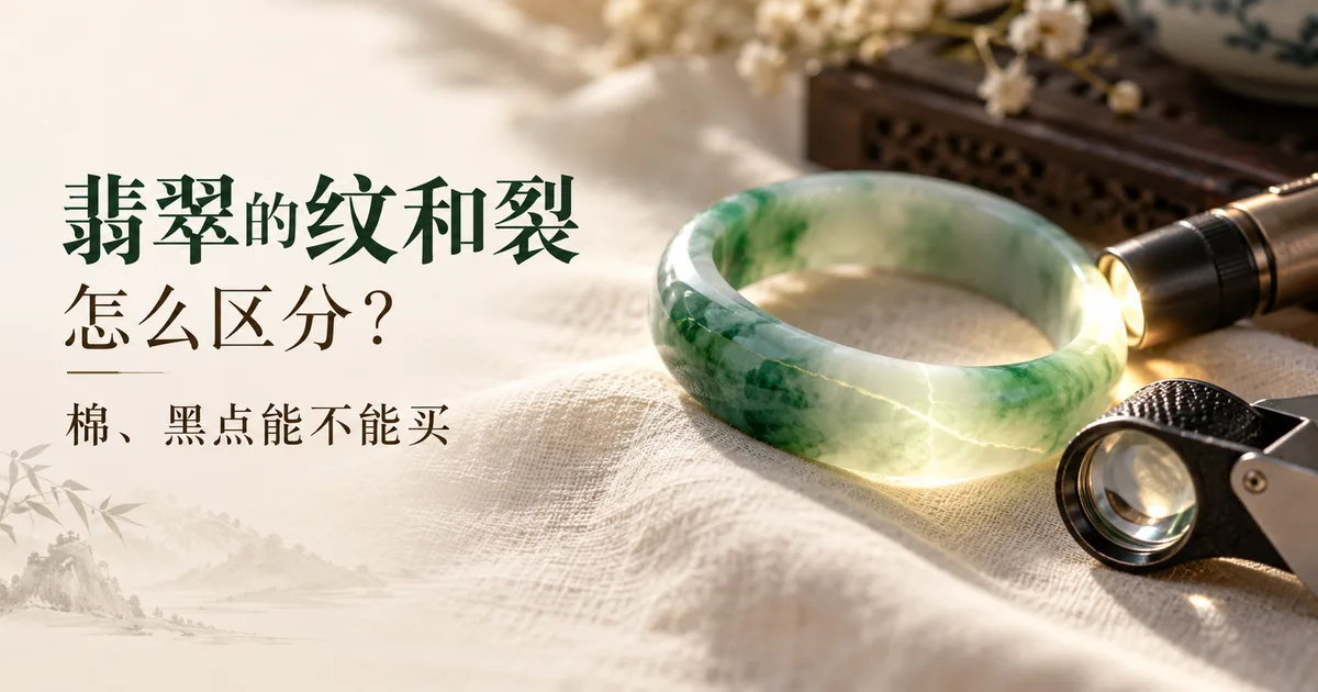 米白色亚麻布上一只白底带绿的翡翠手镯,小手电从圈内打光,条子里一条细纹被照亮,旁边放着放大镜,配标题「翡翠的纹和裂怎么区分?」