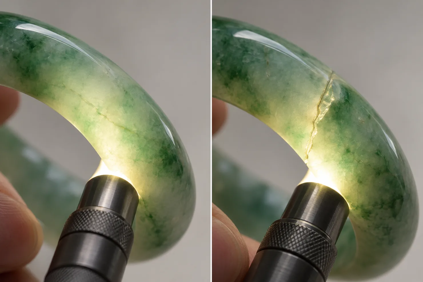 A green and white jadeite bangle lit from inside by a small flashlight: on the left the light passes evenly across a faint healed line, on the right the light stops sharply at a crack that shows a shiny plane