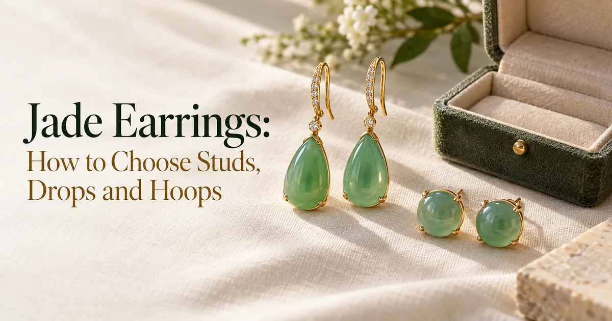 A pair of green jadeite drop earrings and a pair of cabochon studs in 18K gold, resting on ivory linen beside a small open jewelry box, with the title Jade Earrings: How to Choose