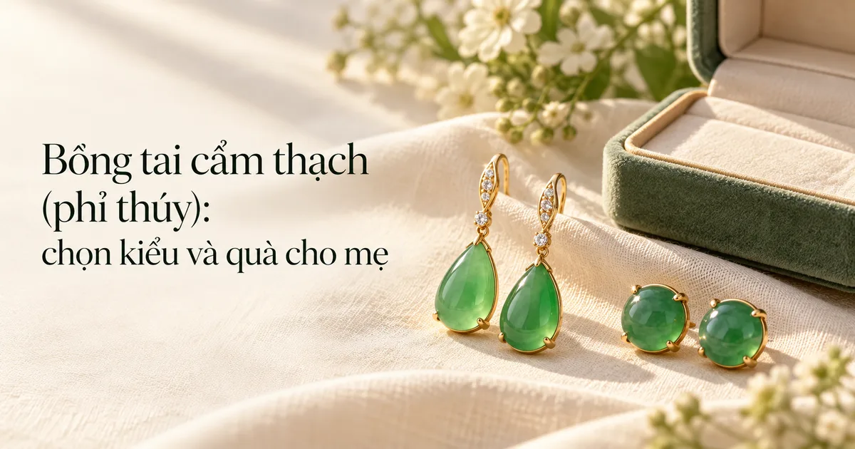 Một đôi bông tai cẩm thạch xanh hình giọt nước bọc vàng 18k và một đôi bông nụ mặt tròn đặt trên vải lanh màu ngà cạnh hộp trang sức nhỏ mở nắp, kèm tiêu đề Bông tai cẩm thạch (phỉ thúy)