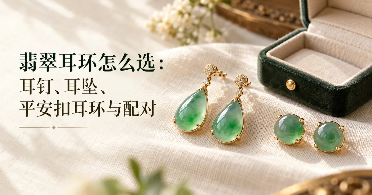 米白色亚麻布上,一对绿色翡翠 18K 金水滴耳坠和一对蛋面耳钉放在打开的小首饰盒旁,配标题「翡翠耳环怎么选」