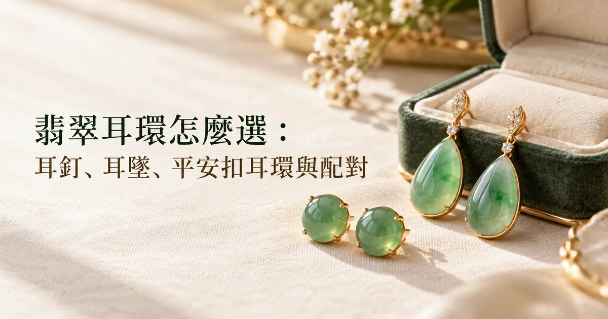 米白色亞麻布上,一對綠色翡翠 18K 金水滴耳墜和一對蛋面耳釘放在打開的小首飾盒旁,配標題「翡翠耳環怎麼選」