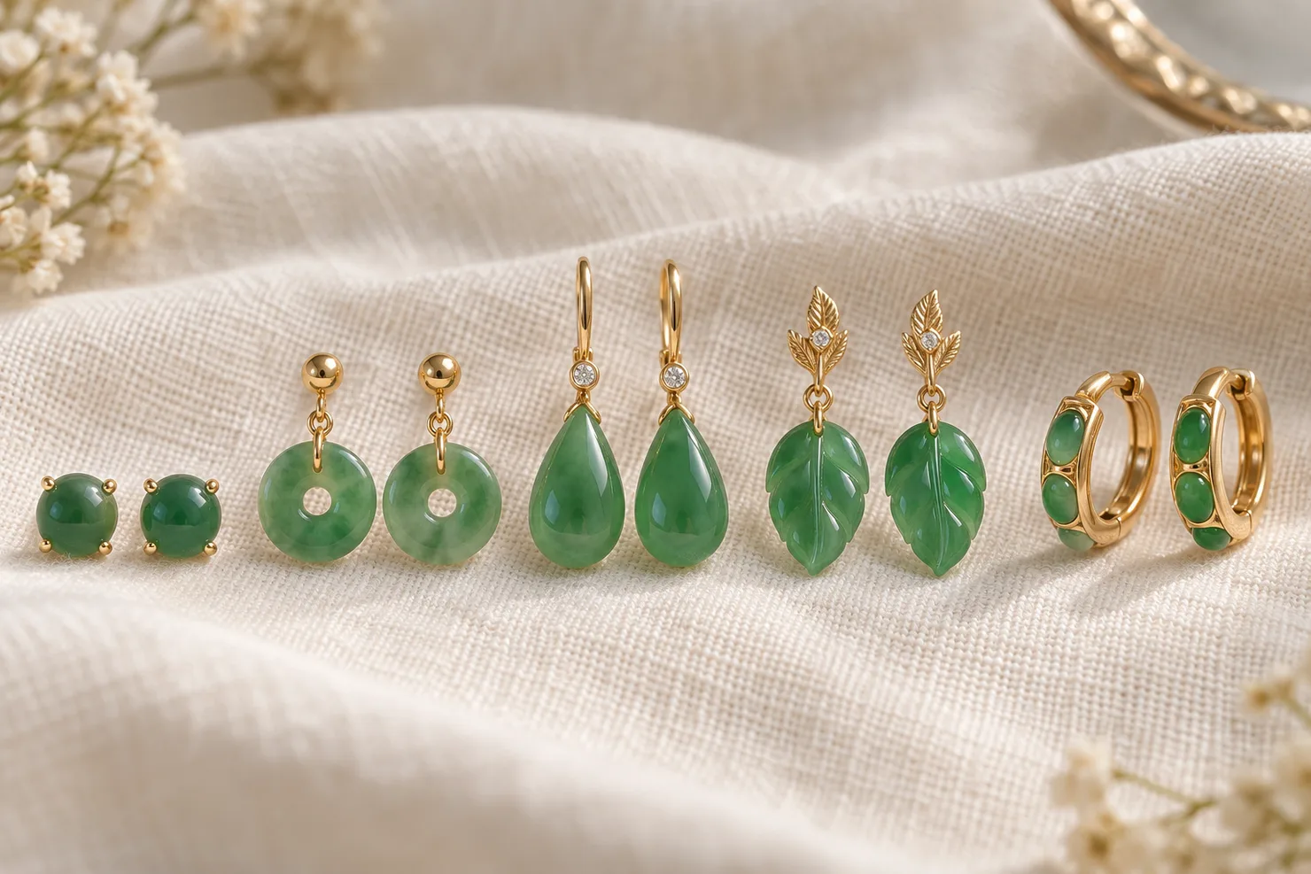 Five pairs of jadeite earrings in a row on ivory linen: green cabochon studs, small donut drops, water-drop dangles, leaf-shaped drops and gold hoops set with small jade pieces