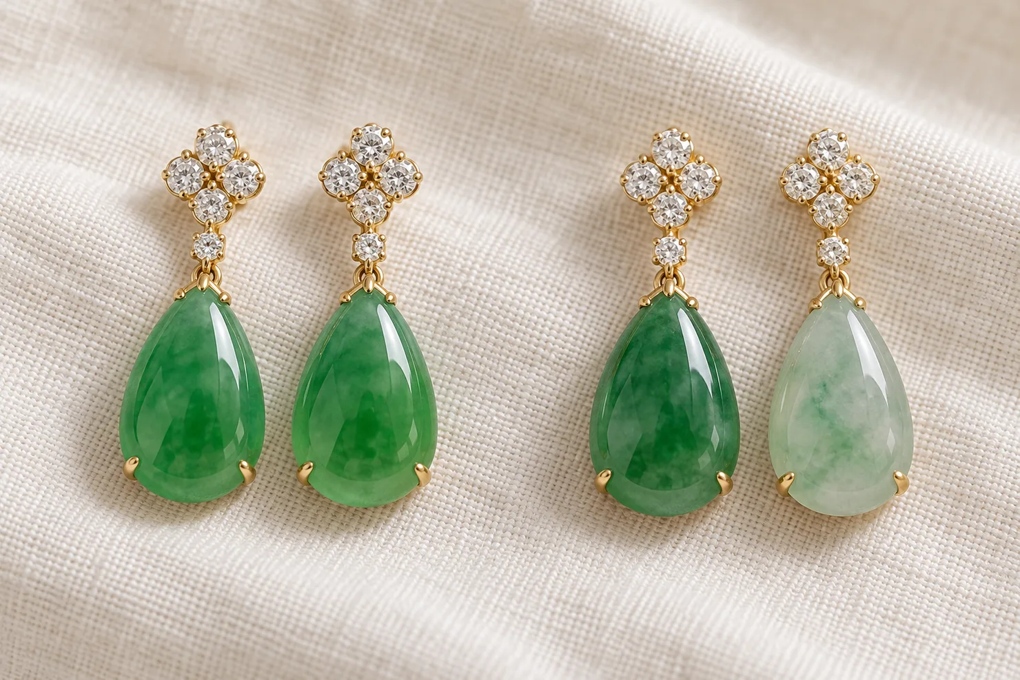Two pairs of green jadeite drop earrings side by side: on the left a pair with the same green and translucency, on the right a pair where one stone is clearly paler and more opaque