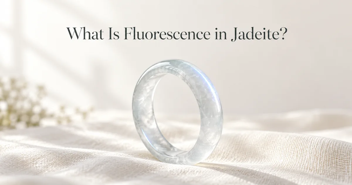 A colorless icy jadeite bangle on ivory linen in soft window light, with a soft bluish-white glow along its curve, with the title What Is Fluorescence in Jadeite?
