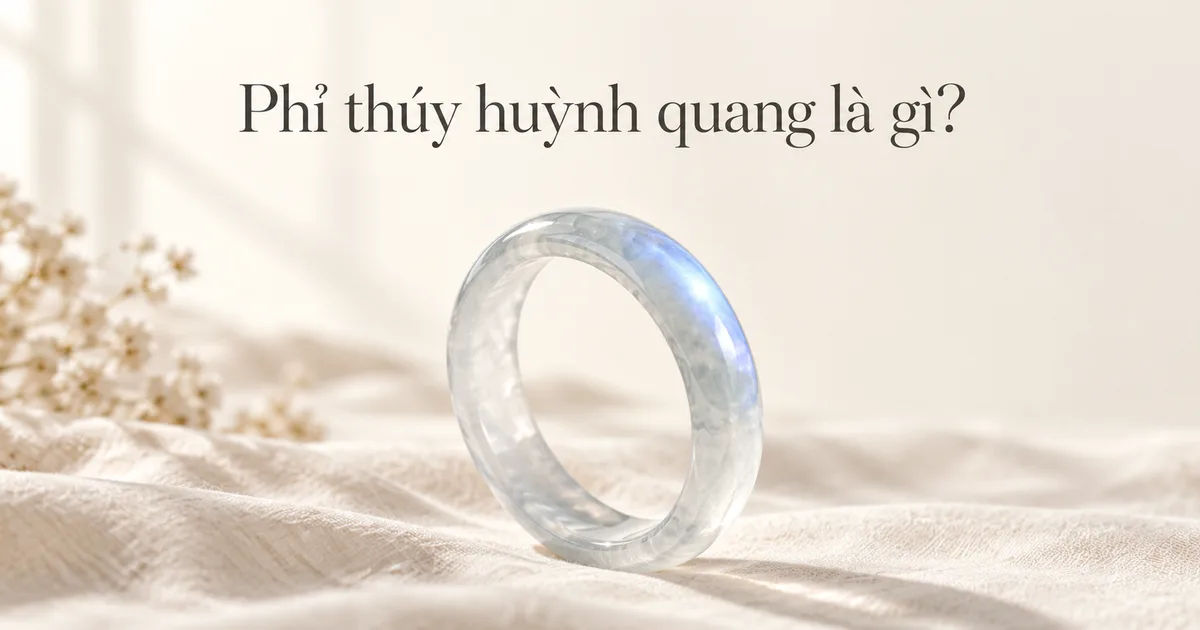 Chiếc vòng cẩm thạch băng chủng không màu trên vải lanh màu ngà dưới ánh sáng cửa sổ dịu, mép cong ánh lên lớp sáng trắng xanh, kèm tiêu đề Phỉ thúy huỳnh quang là gì?