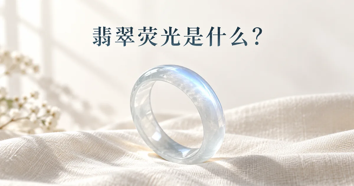 米白色亚麻布上一只无色冰种翡翠手镯,窗边柔光下弧面浮起淡淡的蓝白色荧光,配标题「翡翠荧光是什么?」