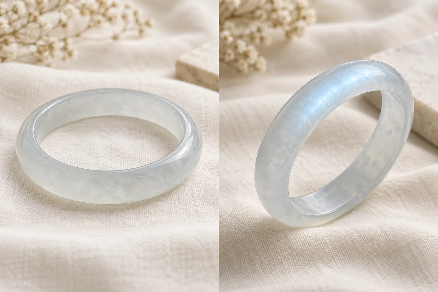 The same colorless icy jadeite bangle shown twice on ivory linen: on the left seen straight on in flat light with little sheen, on the right tilted so a soft bluish-white glow floats along its curved edge