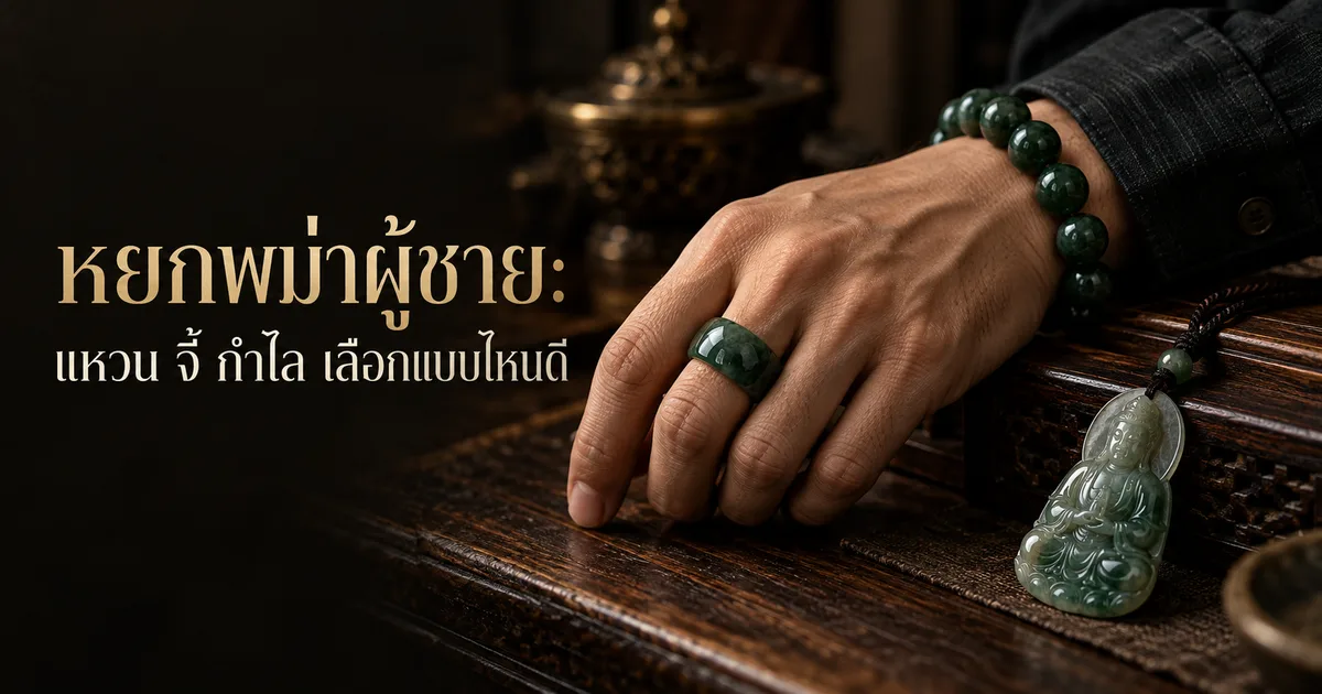 มือผู้ชายในเสื้อเชิ้ตสีเข้มวางบนโต๊ะไม้สีเข้ม สวมแหวนหยกพม่าหลังอานสีเขียวเข้มและสร้อยข้อมือลูกปัด ข้างๆ มีจี้หยกแกะสลักร้อยเชือก พร้อมหัวข้อ หยกพม่าผู้ชาย