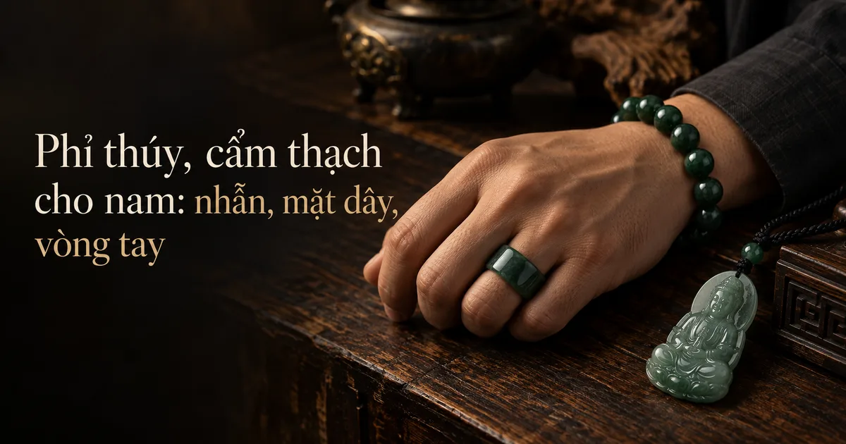 Bàn tay người đàn ông mặc áo sơ mi tối màu đặt trên bàn gỗ sẫm, đeo nhẫn cẩm thạch yên ngựa xanh đậm và vòng chuỗi hạt, bên cạnh là mặt dây cẩm thạch chạm khắc đeo dây, kèm tiêu đề Phỉ thúy, cẩm thạch cho nam