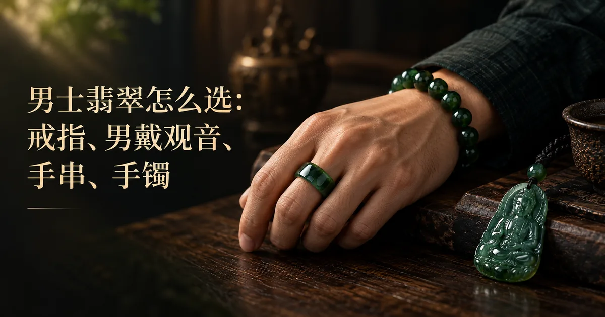 深色木桌上,一只穿深色衬衫的男士的手戴着深绿翡翠马鞍戒和手串,旁边放着一条绳挂翡翠雕件吊坠,配标题「男士翡翠怎么选」