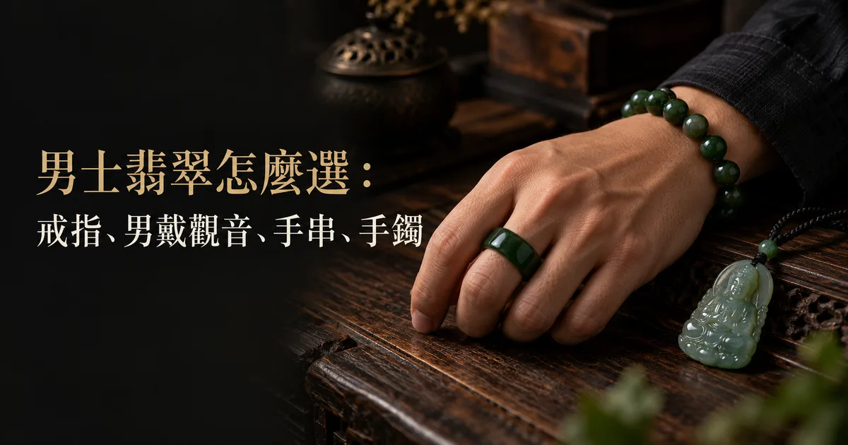 深色木桌上,一隻穿深色襯衫的男士的手戴著深綠翡翠馬鞍戒和手串,旁邊放著一條繩掛翡翠雕件吊墜,配標題「男士翡翠怎麼選」