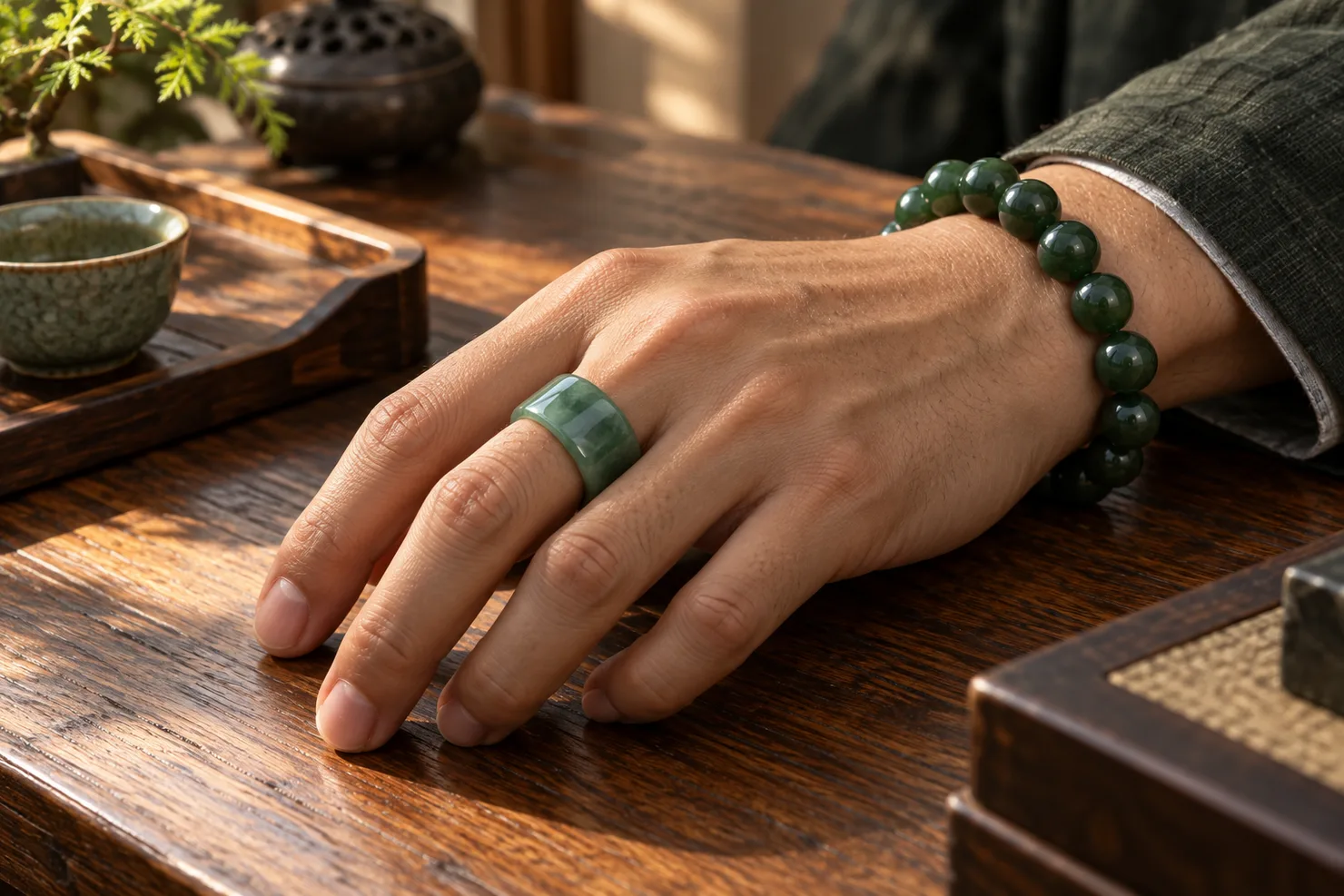 มือผู้ชายวางบนโต๊ะไม้ สวมแหวนหยกพม่าหลังอานสีเขียว และสร้อยข้อมือลูกปัดหยกสีเขียวเข้มที่ข้อมือ