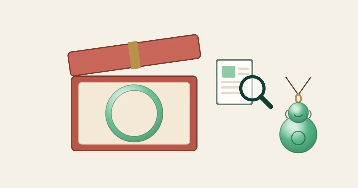 Illustration of an open red gift box holding a green jadeite bangle, with a certificate, a magnifier and a Buddha pendant beside it