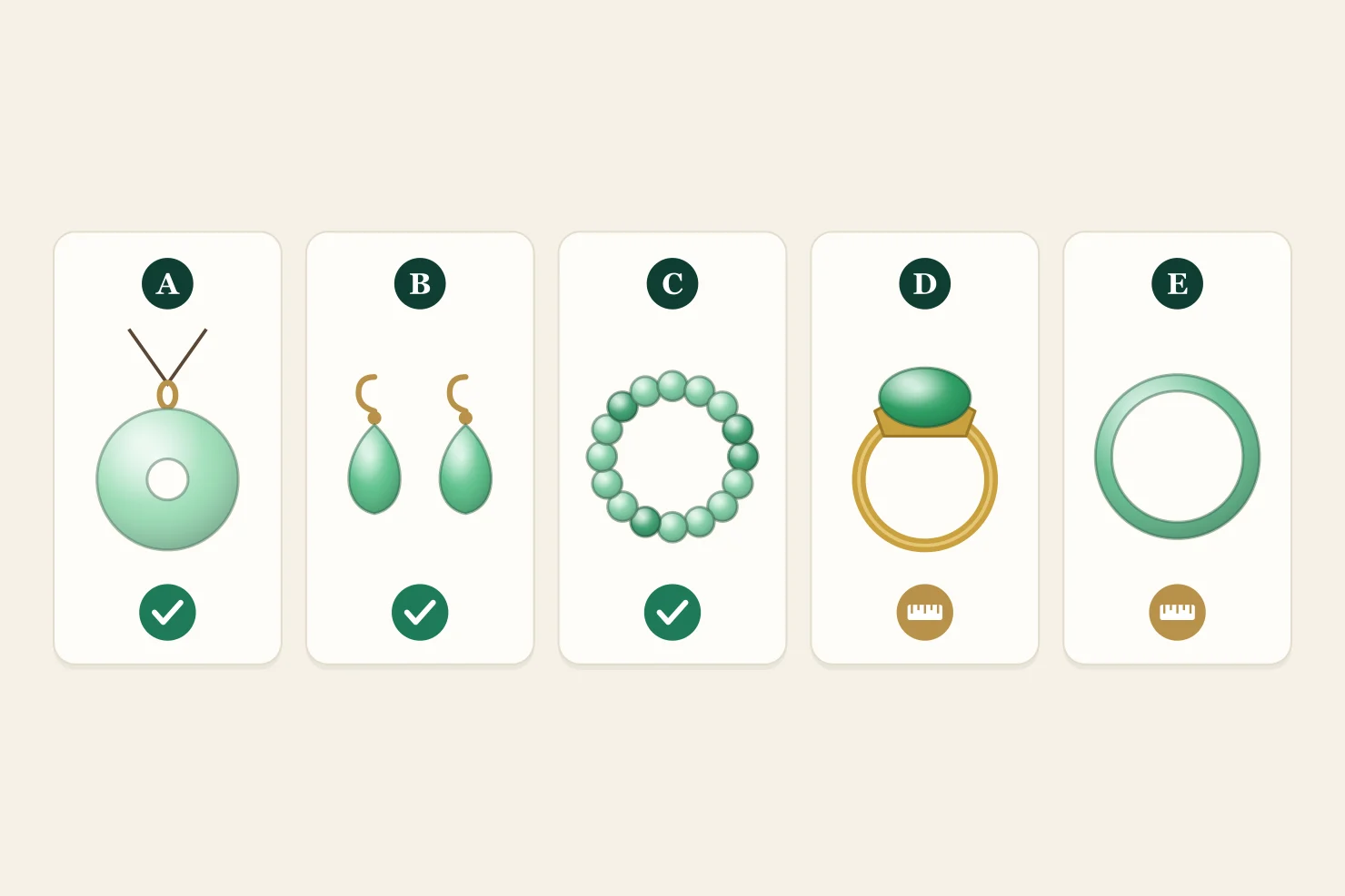 Five jadeite gift pieces: a peace-buckle pendant, a pair of drop earrings and an elastic bead bracelet marked with ticks, and a gold ring and a bangle marked with a ruler