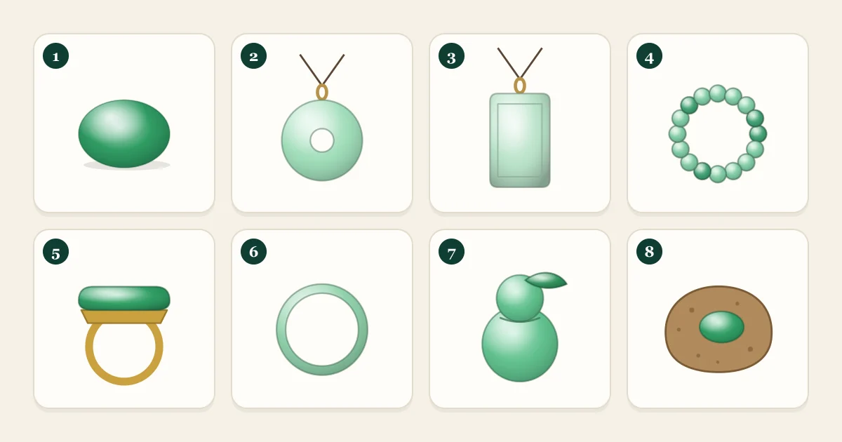 Illustration of eight jadeite piece types in a grid: cabochon, peace buckle, tablet, beads, saddle ring, bangle, hand piece and rough