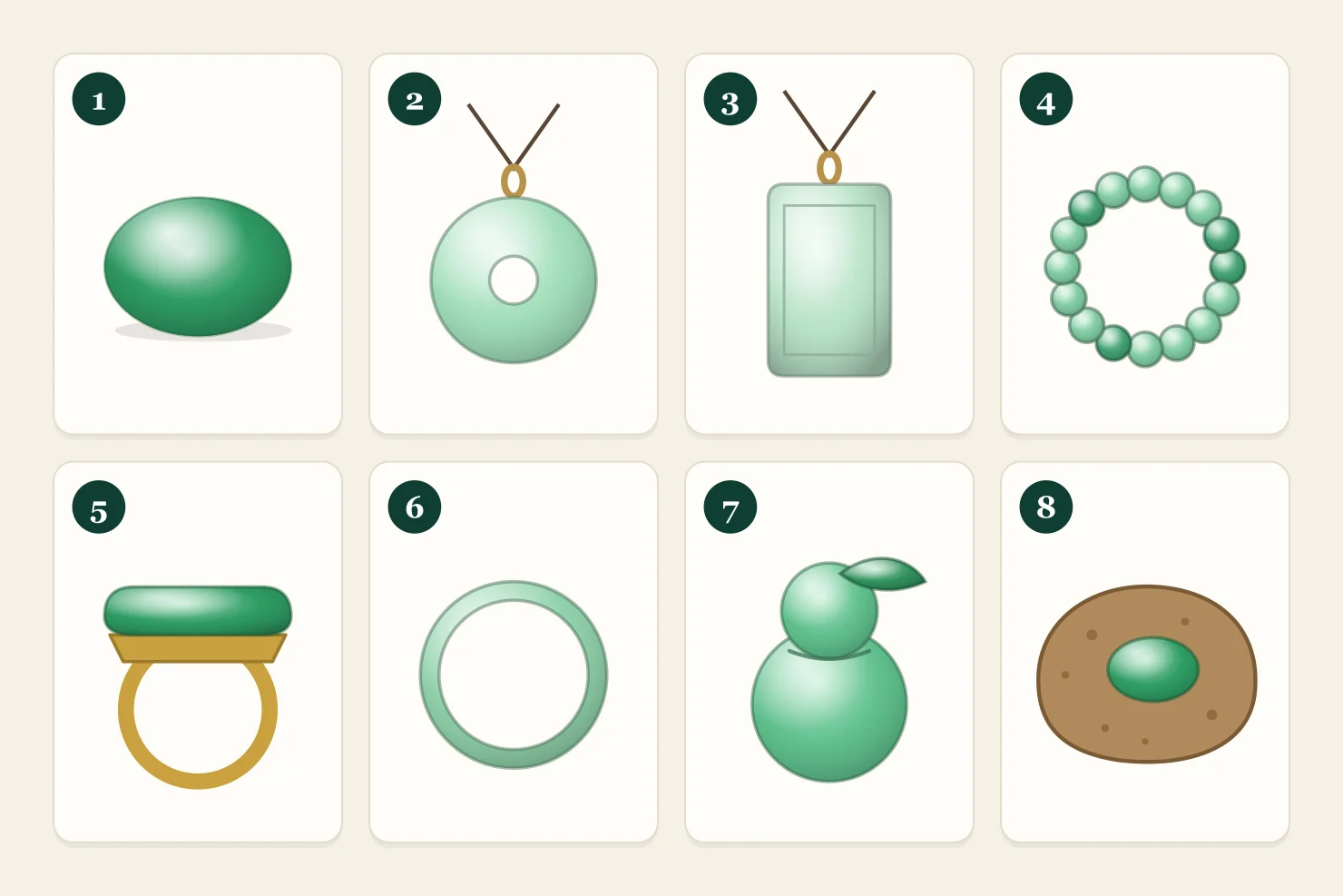 Eight jadeite piece types: an oval cabochon, a peace buckle, a plain tablet, a bead bracelet, a saddle ring, a bangle, a gourd hand piece and a rough boulder with a polished window