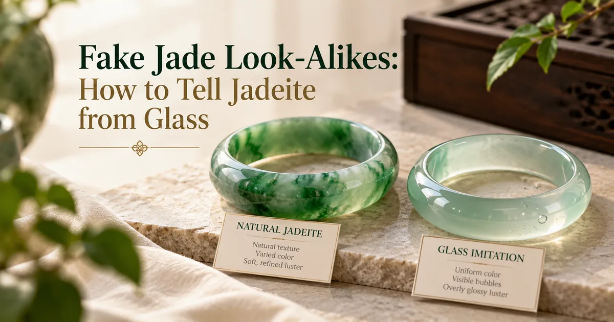A green jadeite bangle beside a natural jadeite and a glass bangle on a stone slab, each with a small card listing its clues, with the title Fake Jade Look-Alikes: How to Tell Jadeite from Glass