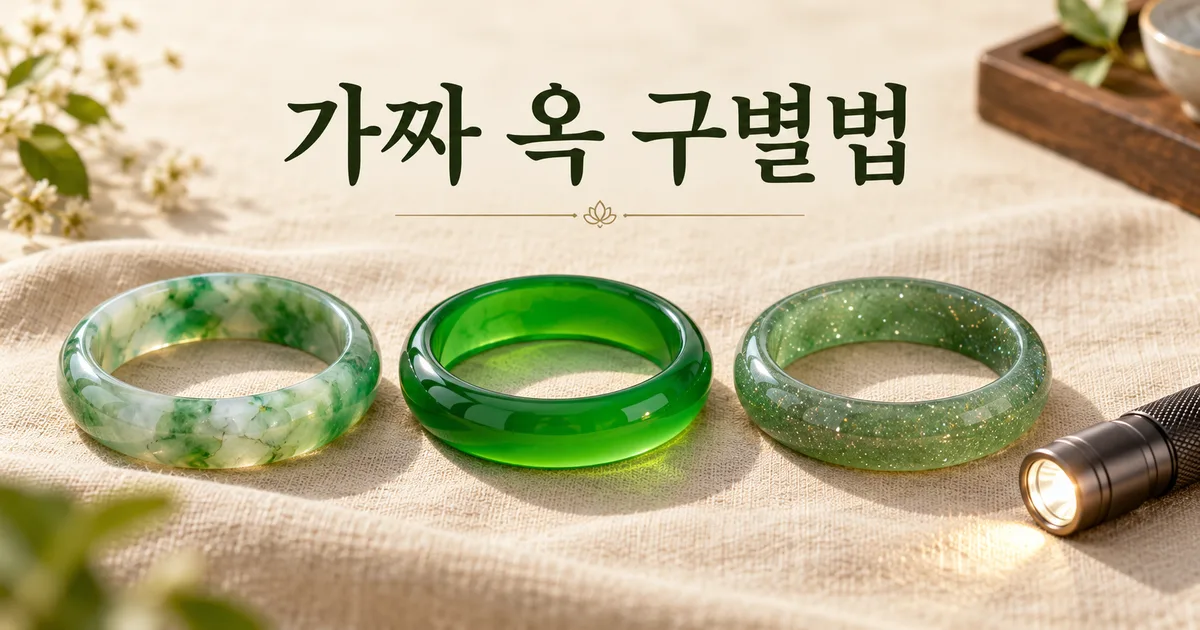 리넨 천 위에 나란히 놓인 천연 비취 팔찌, 초록색 유리 팔찌, 반짝이는 그린 어벤츄린 팔찌와 작은 손전등