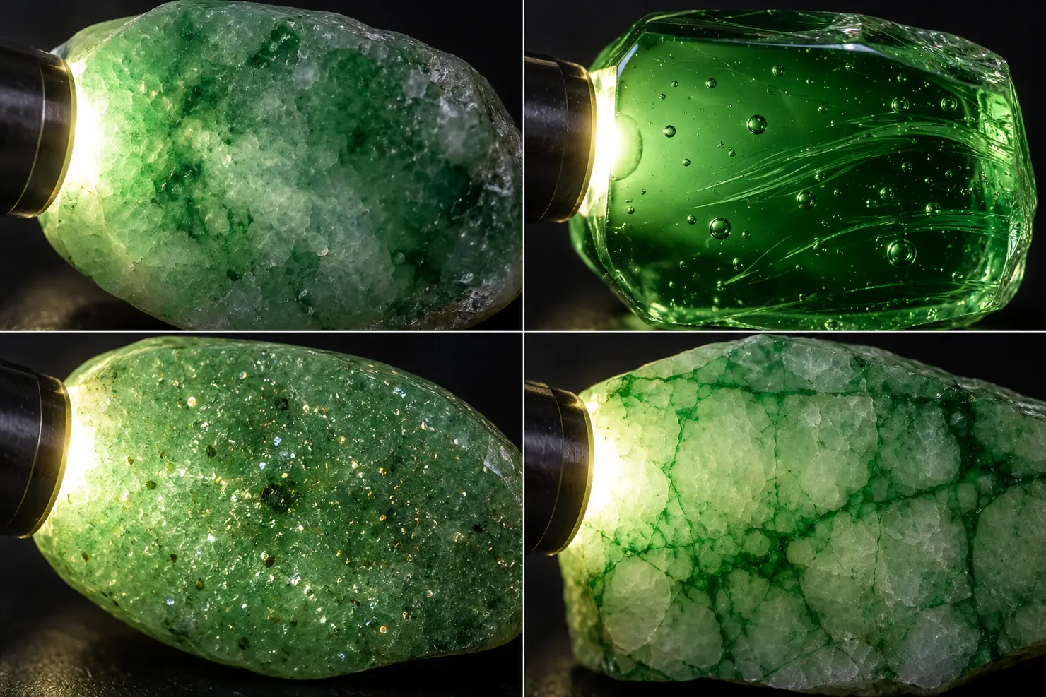 Four close-ups lit by a flashlight: grainy structure in jadeite, round bubbles in glass, glittering flakes in aventurine and dye collected along cracks in dyed quartzite