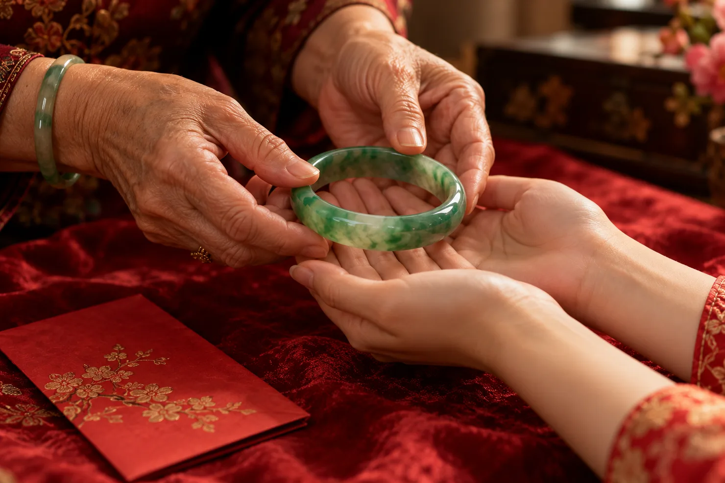 An older woman's hands placing a green jadeite bangle into a younger woman's open hands, over a red cloth with a small red envelope beside them