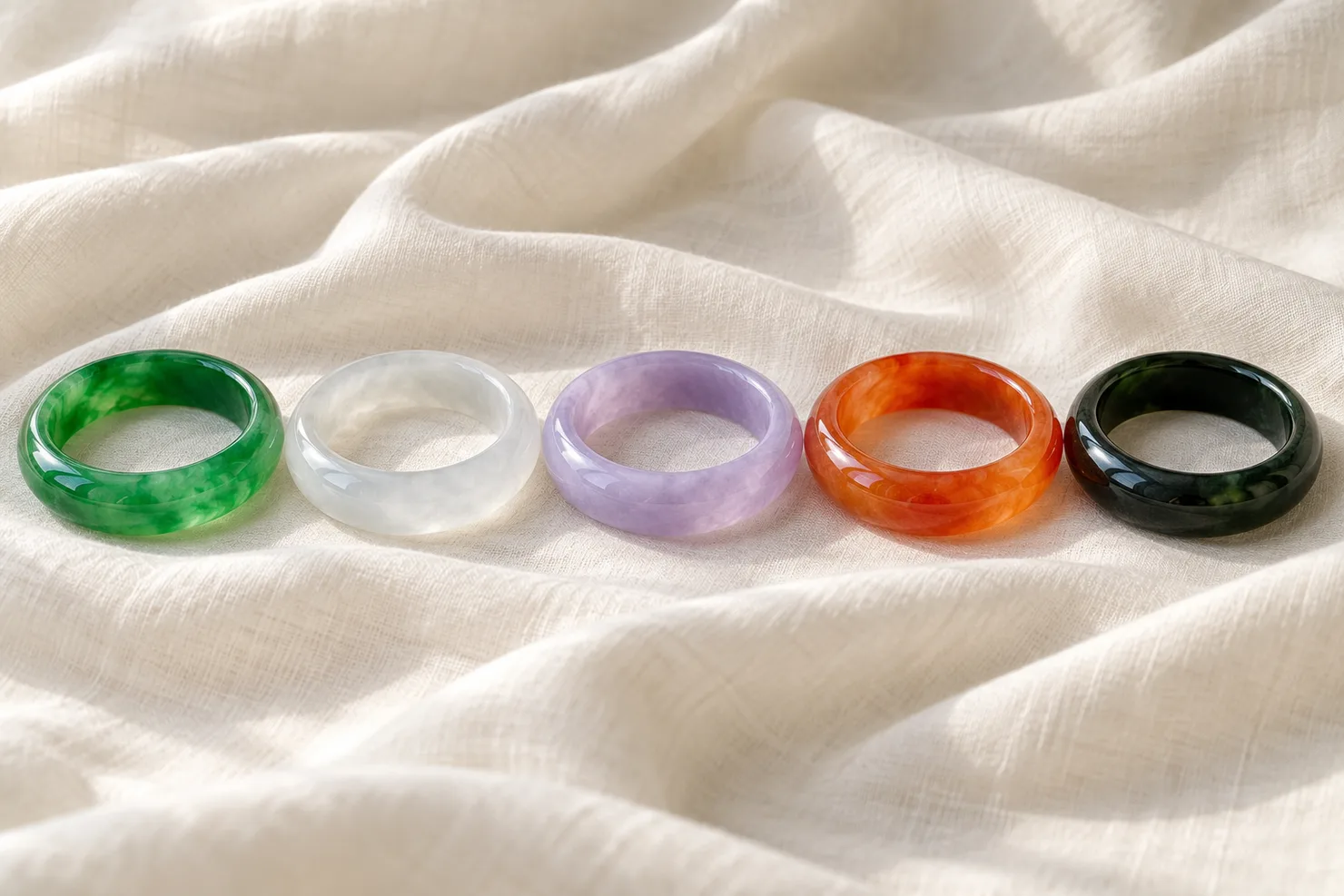 Five jadeite bangles in a row on ivory linen: green, icy white, lavender, orange-red and black