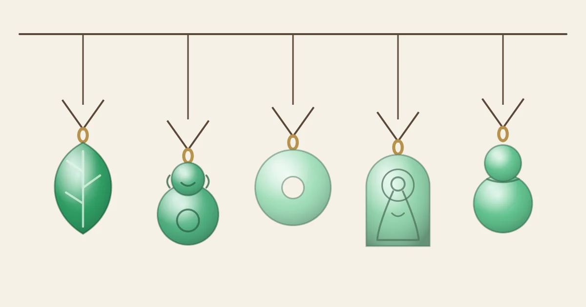 Illustration of five jadeite pendants hanging in a row: leaf, laughing Buddha, safety buckle, Guanyin and gourd
