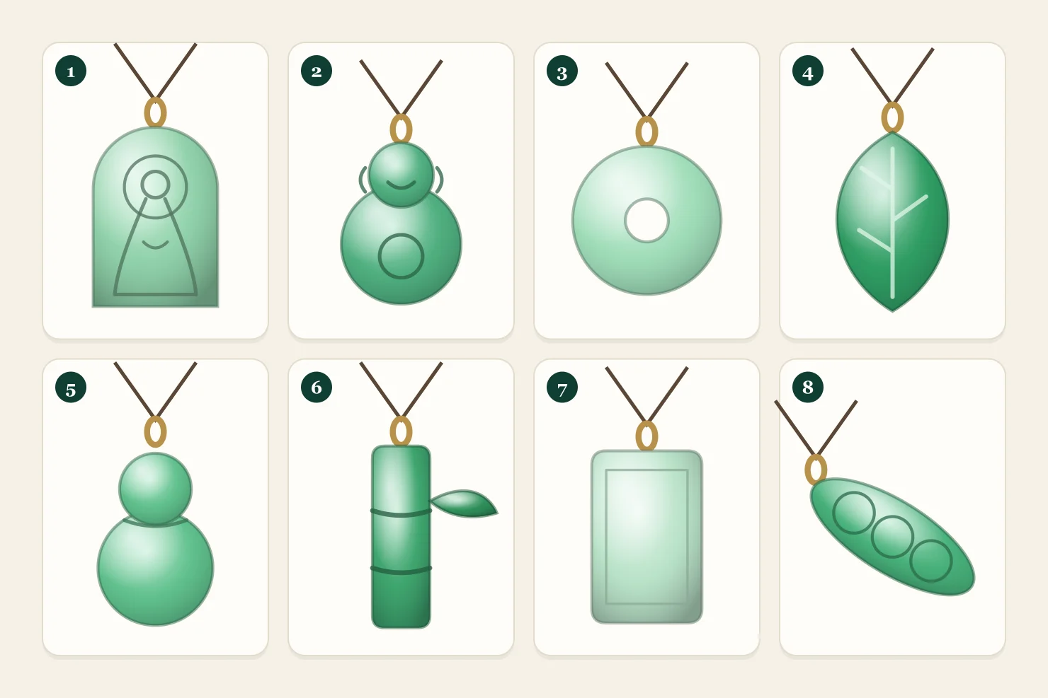 Eight jadeite pendant designs on cords: Guanyin plaque, laughing Buddha, round safety buckle, leaf, gourd, bamboo, plain tablet and pea pod